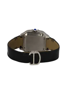 Montre pour homme de luxe, forme carrée simple, diamant rond, bracelet en cuir, boîtier en acier inoxydable, mouvement à quartz - Product Image 4