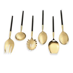 Ensemble d'ustensiles de service en acier inoxydable finition dorée avec manche noir, vaisselle haut de gamme pour la salle à manger, la cuisine et l'hôtellerie - Product Image 2