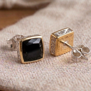 Boucles d'oreilles en onyx noir taille coussin avec zircone cubique 10MM en argent sterling 925 plaqué or 18 carats, bijou classique, cadeau pour elle - Product Image 1