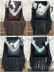 Sac bandoulière en cuir à franges à carreaux fait main, best-seller, style vintage western bohème, en cuir de vache à poils, pour femmes - Product Image 5