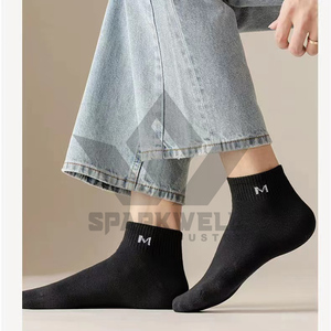 <b>Men's</b> Gray <b>Ankle</b> <b>Socks</b> With M Logo Cotton Breathable Summer Daily Wear Knitted Style Regular Fit - Product Image 2