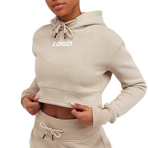 Custom Logo Front Ladies Drawstring Hood <b>Long</b> <b>Sleeve</b> Pullover Crop <b>Top</b> Hoodie Sports <b>Gym</b> Fleece Warm 100% Cotton Women 2026 - Product Image 1