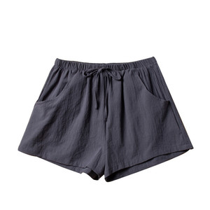 Shorts en coton taille haute pour femmes avec cordon de serrage et poches, coupe ample, style décontracté, couleur noire unie - Product Image 4