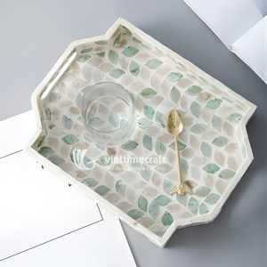 Mosaic Inlaid Tray, Mother of Pearl Inlaid Wooden Tray, Luxury Green Leaf Pattern MOP Jewelry & <b>Vanity</b> Organizer - Product Image 2