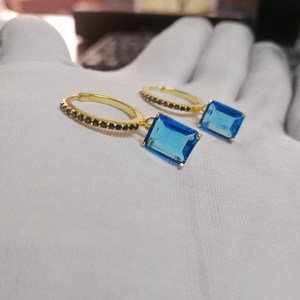 Natural Blue Topaz Emerald Cut Drop Hoop Earrings 925 Sterling <b>Silver</b> 14K Gold Plated Dainty <b>Huggie</b> Wedding Jewelry - Product Image 2