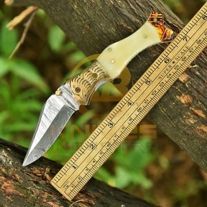 Factory Wholesale Damascus Folding <b>Knife</b> with Genuine <b>Bone</b> <b>Handle</b> Handmade Outdoor Survival Hunting Pocket <b>Knife</b> - Product Image 4