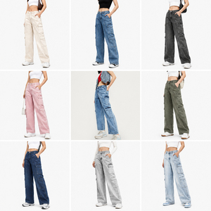 Pantalones Cargo de Mezclilla para Mujer, Holgados, con Múltiples Bolsillos, de Cintura Alta, Pierna Recta, Lote de Stock, Tallas Grandes Personalizadas, Jeans Cargo para Dama, Pantalón de Mezclilla - Product Image 3