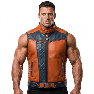 Chaleco de cuero genuino para hombre, estilo motero, con bloques de color marrón y negro, cuello alto y cremallera - Product Image 2