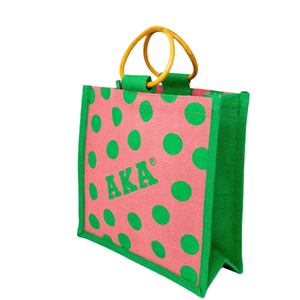 Bolsa de Yute Mini con Puntos Rosas y Verdes, Asas de Madera Natural, Bolsa de Regalo Reutilizable, Bolsa de Compras, Bolsa de Moda - Product Image 1