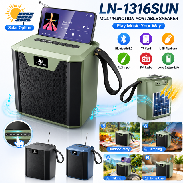 LN-1316SUN Solar Power Speaker with Telescopic Antenna FM Radio 10W Loud Audio Phone Holder Soundbox Wholesale