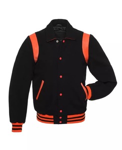Chaqueta Varsity para Mujer, Color Negro Sólido con Ribete Naranja en Contraste, Manga Larga, Cierre de Botones, Cuello Camisero, Poliéster, Ropa de Otoño - Product Image 1