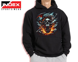 Sweat-shirt à capuche noir pour homme INDEX SPORTSWEAR, coupe oversize, imprimé crâne et corbeau, style streetwear, vêtement d'automne, en molleton bouclette, coupe classique - Product Image 2