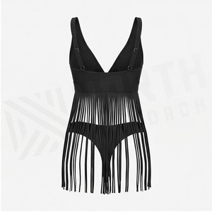 North Approach Women's Black One-Piece Swimsuit Deep V Neck Tassel <b>Fringe</b> Bodysuit Stretch Swimwear - Product Image 2