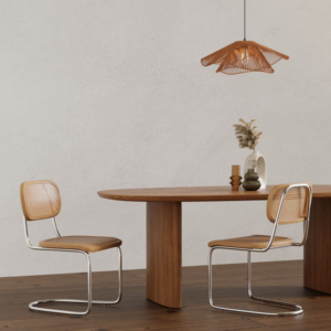 Chaise de salle à manger au design unique, base en métal durable, structure en bois de teck Sungkai acajou, assise en rotin - Product Image 2