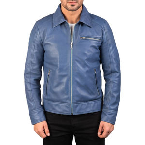 High Quality Men's Blue Genuine <b>Leather</b> Moto <b>Jacket</b> Turn-Down Collar Zipper Closure Regular Fit Autumn Style - Product Image 2