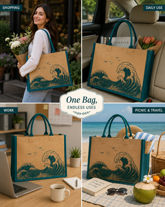 Sac de courses en jute grande taille à motif ondulé avec poignée d'épaule - Product Image 4