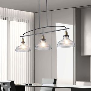 Lampadario industriale a sospensione a 3 luci 45 \ "moderna illuminazione per fattoria tonalità di vetro trasparente struttura in metallo nero regolabile in altezza per - Product Image 2