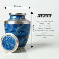 Urne funéraire artisanale en métal bleu avec bordure argentée, ronde, faite à la main, style luxe, pour cadeau de condoléances