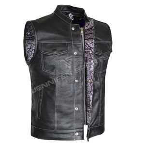 Gilet de motard unique en cuir lisse et perforé, sans manches, vêtement d'extérieur tendance pour homme, idéal pour les voyages, grandes tailles - Product Image 2