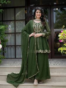 Ensemble Salwar Kameez en Chiffon Brodé Vert pour Femme, Haut Long Traditionnel Indien, Séchage Rapide, Longueur Genou, Tenue de Soirée - Product Image 2