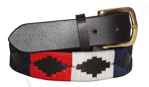 Ceinture de polo argentine faite à la main en cuir véritable pleine fleur de vache argentine de qualité supérieure, marron, avec broderie bleue, beige et rouge - Product Image 5
