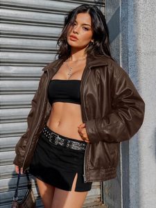 Blouson bomber marron pour femme, style motard, fermeture éclair, col rabattable, coupe ample, pour l'automne - Product Image 2