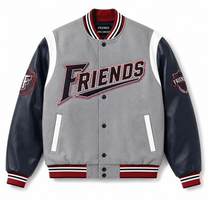 Veste varsity grise pour homme avec manches en cuir marine et logo brodé personnalisé sur la poche avant - Product Image 1