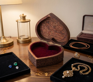 Caja de Madera con Forma de Corazón Hecha a Mano con Tallado Floral, Compartimento Secreto, Regalo de Recuerdo para Aniversario, Joyero de Madera - Product Image 5
