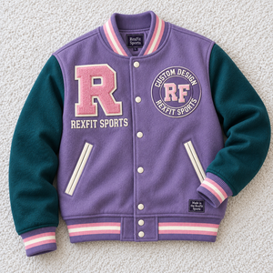 Veste de sport Rexfit personnalisée avec monogramme unisexe, appliqué en chenille, broderie, boutons pression, simili cuir, tissu en laine épaisse - Product Image 3