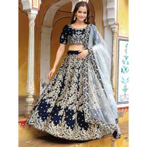Impresionante ropa de novia elegante y lujosa Lehenga Choli de boda de terciopelo bordado azul marino - Product Image 2