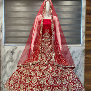 Royal <b>Red</b> Wedding Lehenga for Brides Full Scalloped <b>Flared</b> Skirt with Intricate Gold Embroidery Zari Stone Work Ghagra - Product Image 1