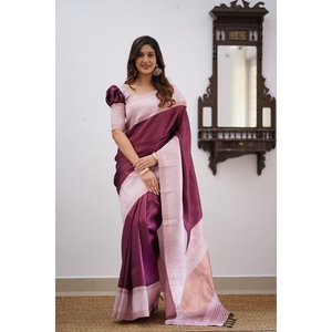 FESTIVAL WEAR BANARASI SOFT SAREE CON BLUSA DESCOSTADA ROSA - Product Image 1