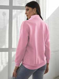 Sudadera de mujer con media cremallera, estampada en rosa, de algodón polar transpirable, holgada, con hombros caídos, estilo casual, para otoño. - Product Image 2