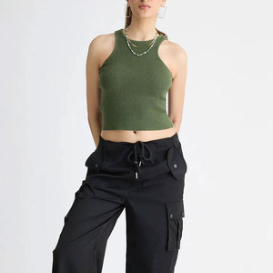 Women's Olive Green Halter <b>Crop</b> <b>Top</b> Knitted Solid Color Casual Spring Summer Slim Fit Spandex Cotton Blend - Product Image 1