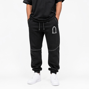 Hip Hop Streetwear Men Baggy Black Sweatpants <b>White</b> Contrast Stitch Panel <b>Joggers</b> with Drawstring - Product Image 3