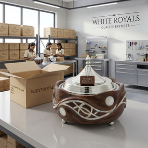 Handcrafted Mother of Pearl Inlaid Wooden Buffet Server with Polished Metal Dome Lid GCC Hospitality Hotel & Majlis Collection - Product Image 6