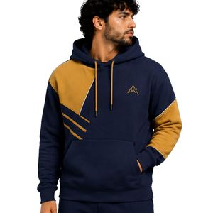 Sweat à capuche personnalisé pour homme, bleu marine et moutarde, en molleton de coton épais, color block, brodé, style streetwear, fabricant de marque privée - Product Image 1