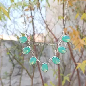 Light Luxury Retro Women Accessories Jewelry 925 Sterling Silver Jewelry Natural Chrysoprase Chalcedony Gemstone Chain Necklace