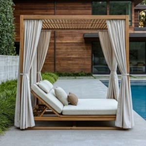 Cama Tumbona de Madera de Teca para Exteriores con Toldo y Cortinas para Piscina, Villa, Hotel, Patio - Product Image 4