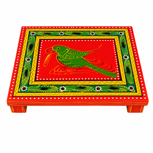 Hand Painted Parrot Wooden Low Foot <b>Stool</b> Traditional Indian Chowki Decorative Puja Seat Home Decor Furniture - Product Image 1