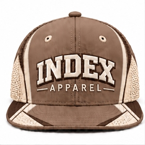 Casquette Snapback Index Apparel marron à 6 panneaux avec empiècements en maille et design contrastant pour un usage décontracté printemps-été, unisexe, réglable - Product Image 6