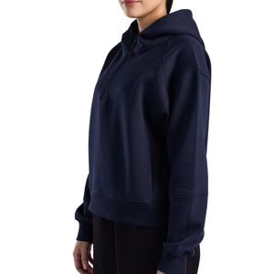 Sweat-shirt à capuche semi-zippé bleu marine pour femme, personnalisable OEM/ODM, vente en gros, haut décontracté en polaire pour l'hiver - Product Image 3