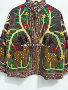 Hand Embroidered <b>Velvet</b> <b>Jacket</b> With Deer And Tree Pattern Mandarin Collar Full Sleeve Women's Winter Coat - Product Image 6