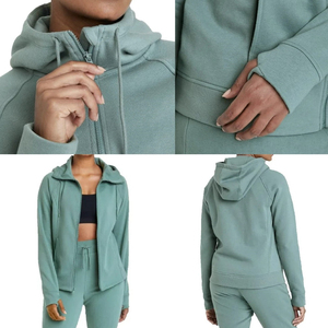 Sudadera con capucha extragrande para mujer, estilo casual, color jade, con cremallera completa, manga larga, precio económico. - Product Image 3