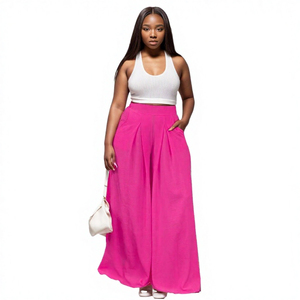 High Waist Wide Leg Full Length <b>Pants</b> Solid Color Pleated Loose Fit Breathable Crepe Women's Summer Casual <b>Pants</b> With Pockets - Product Image 3