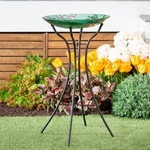 Bain d'oiseaux en métal peint à la main avec support pliable en métal, décoratif pour jardin extérieur, piédestal pour cour et patio, décoration de jardin. - Product Image 1