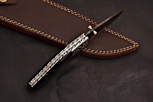 Couteau pliant artisanal en acier Damas, manche en corne noire, bolster gravé, couteau de chasse de poche personnalisé EDC Pasha 58HRC, garantie 3 ans - Product Image 2