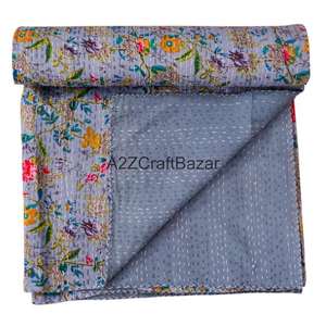 Manta Vintage Acolchada a Mano de Algodón Orgánico Ecológico con Estampado Floral de Estilo Indio para Mayoristas, Colcha Kantha Hecha a Mano para el Hogar - Product Image 3