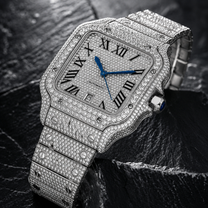Reloj de Pulsera de Lujo Hip Hop, Totalmente Cubierto de Diamantes Moissanite VVS, Caja Cuadrada con Rosca, Esfera con Números Romanos, Manecillas Azules, Fecha, Plateado - Product Image 3