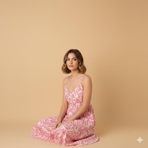 Women Pink Geometric Print V-Neck Midi <b>Dress</b> Spaghetti Strap <b>Loose</b> Fit Casual Summer Woven Chiffon <b>Dress</b> - Product Image 5